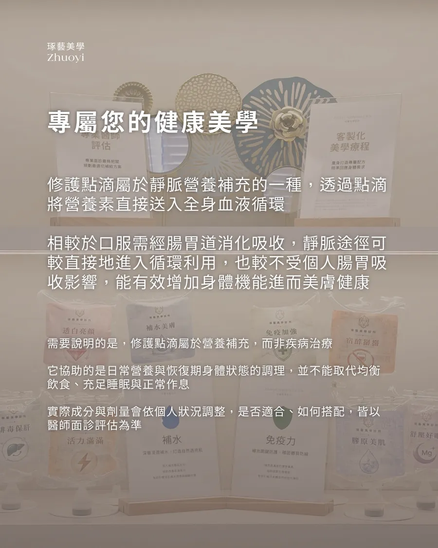 琢藝美學 營養點滴說明卡:點滴屬營養補充、不是疾病治療,實際成分與劑量由醫師面診評估