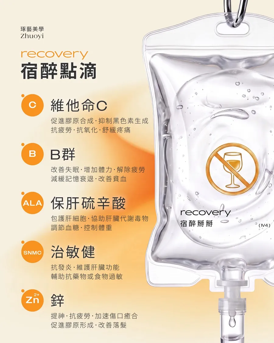 琢藝美學 宿醉掰掰點滴(recovery)成分圖卡:與排毒保肝相同的五種成分