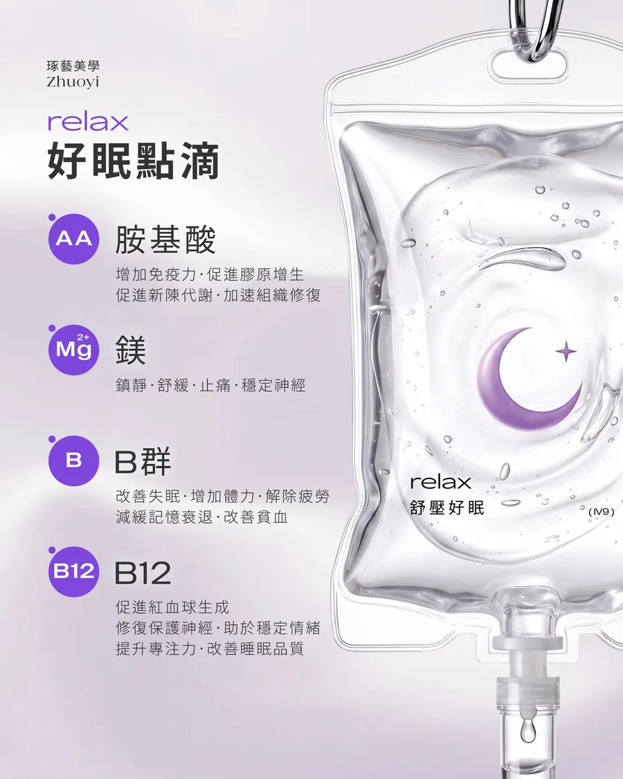 琢藝美學 舒壓好眠點滴(relax)成分圖卡:胺基酸、鎂、B 群、B12