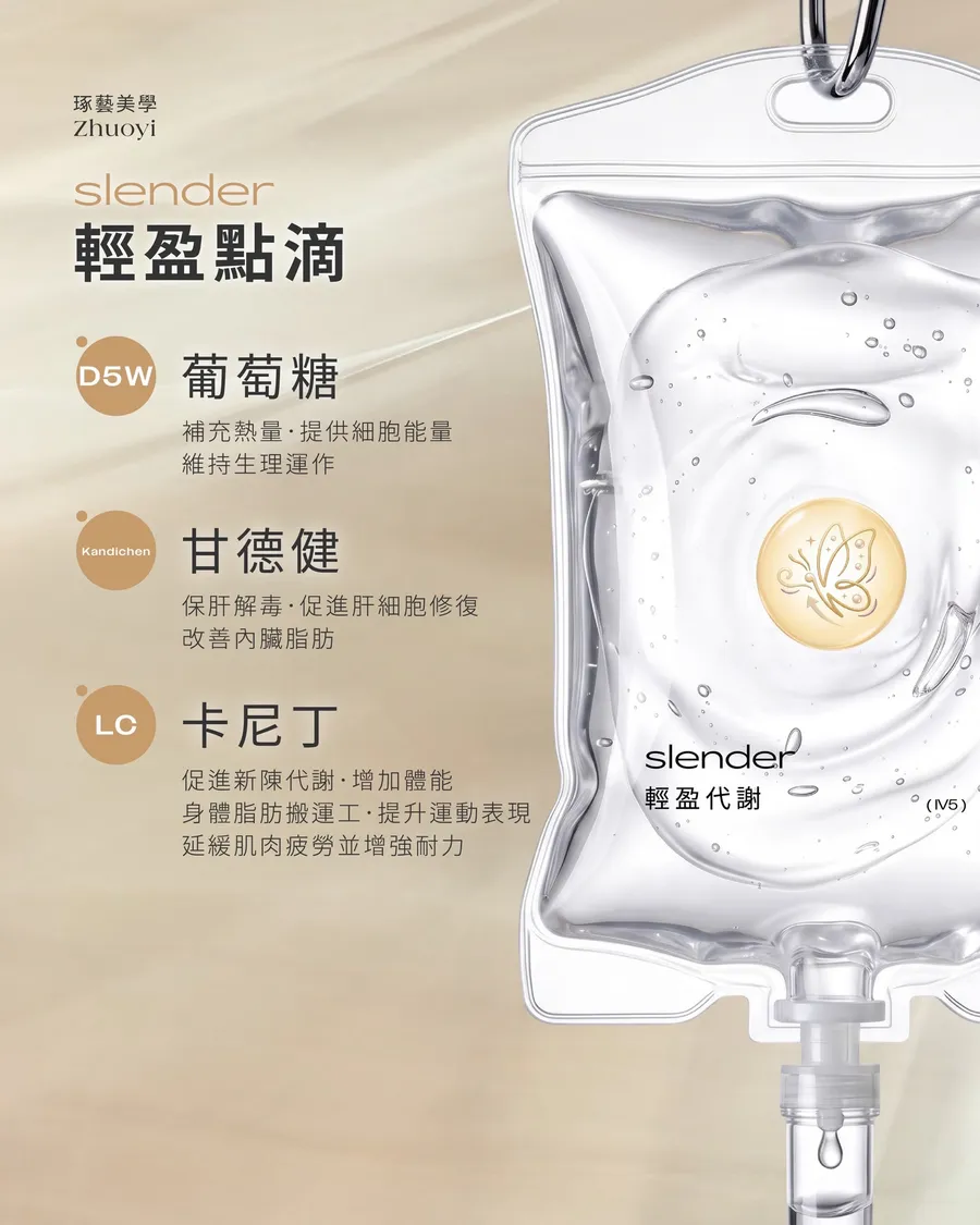 琢藝美學 輕盈代謝點滴(slender)成分圖卡:葡萄糖、肝德健、卡尼丁